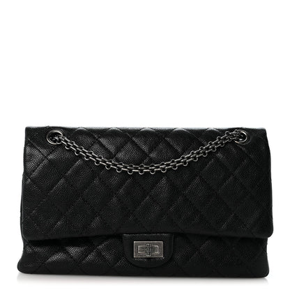 Quilted Caviar Flap Shoulder Bag - Black
