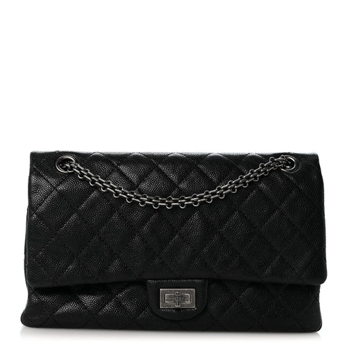 Quilted Caviar Flap Shoulder Bag - Black