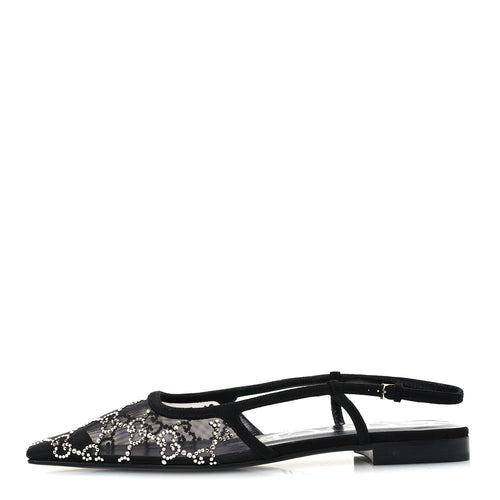 Suede Mesh Crystal GG Monogram Slingback Ballet Flats Black Black