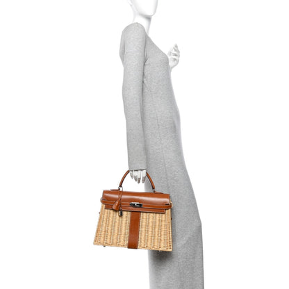 Wicker Barenia Picnic Kelly 35 Naturel F Handbag