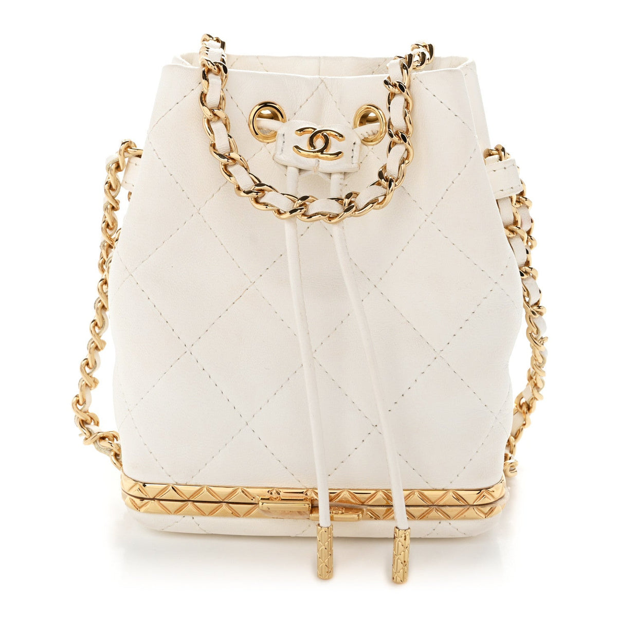 Small Quilted Lambskin Bucket Bag - White
