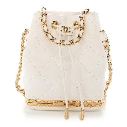 Small Quilted Lambskin Bucket Bag - White