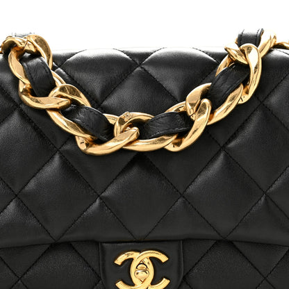 Large Quilted Lambskin Flap Shoulder Bag - Black