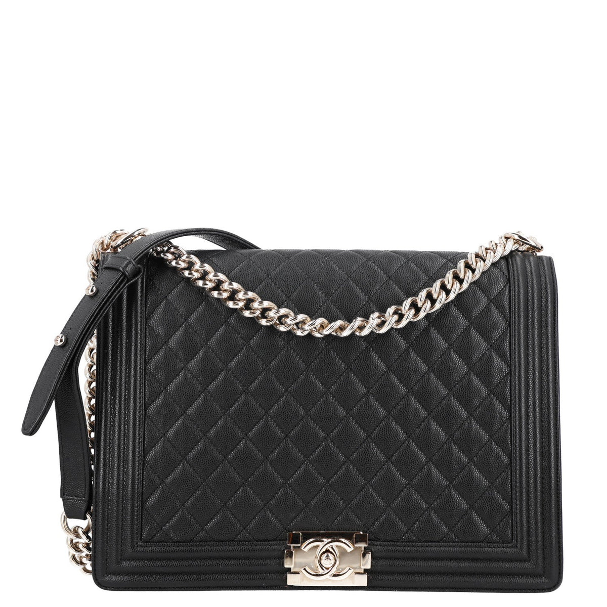 Large Quilted Caviar Flap Shoulder Bag - Black