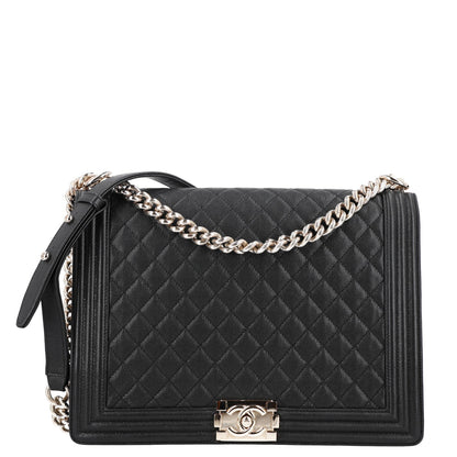 Large Quilted Caviar Flap Shoulder Bag - Black