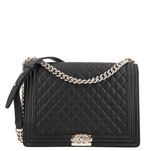 Large Quilted Caviar Flap Shoulder Bag - Black