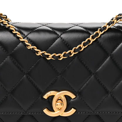 Quilted Calfskin Flap Shoulder Bag - Black