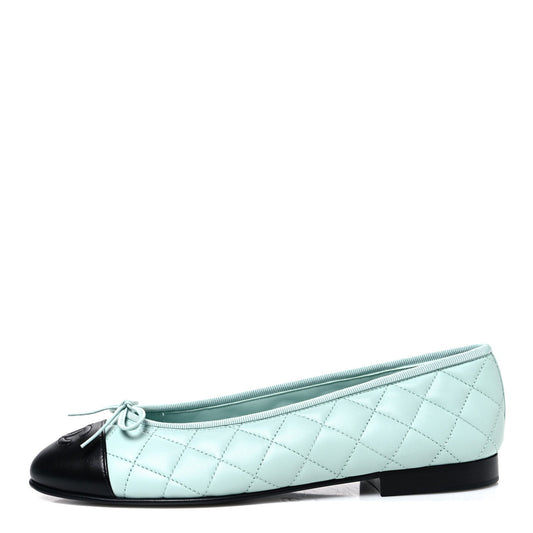 Lambskin Quilted CC Cap Toe Ballerina Flats Light Blue Black