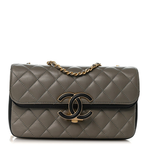 Small Quilted Lambskin Flap Shoulder Bag - Grey