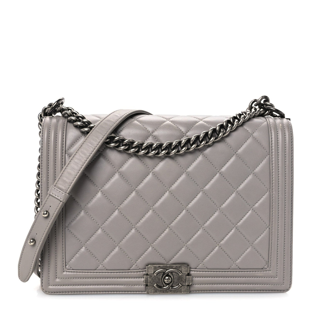 Large Quilted Lambskin Flap Shoulder Bag - Grey