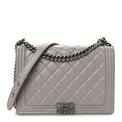 Large Quilted Lambskin Flap Shoulder Bag - Grey