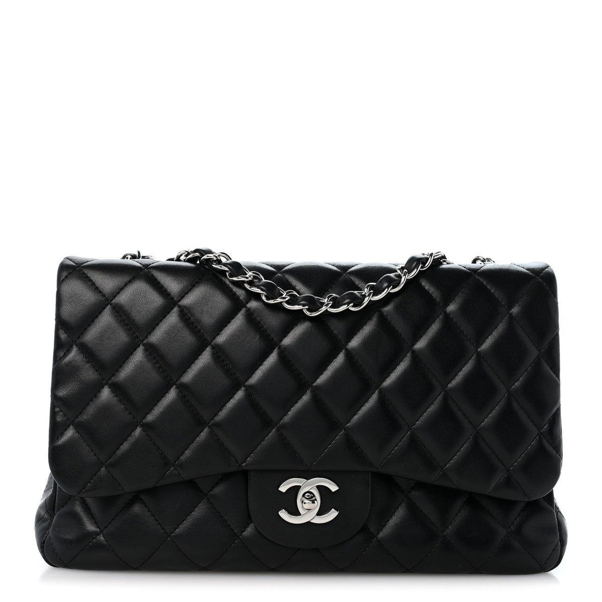 Quilted Lambskin Flap Shoulder Bag - Black