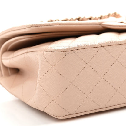 Medium Quilted Caviar Flap Shoulder Bag - Beige