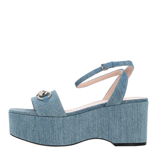 Denim Horsebit Ankle Strap 75Mm Flatform Sandals Old Azure