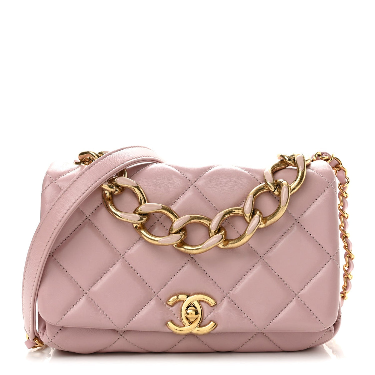 Small Quilted Lambskin Flap Shoulder Bag - Pink