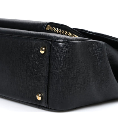 Large Quilted Caviar Flap Shoulder Bag - Black