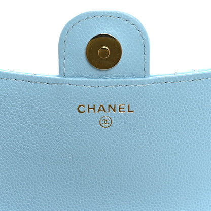 Quilted Caviar Flap Shoulder Bag - Light Blue