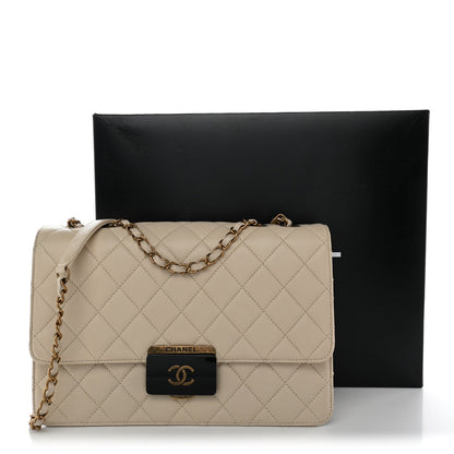 Large Quilted Sheepskin Flap Shoulder Bag - Beige