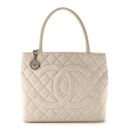 Quilted Caviar Tote Bag - White