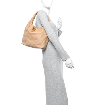 Small Quilted Calfskin Hobo Bag - Beige