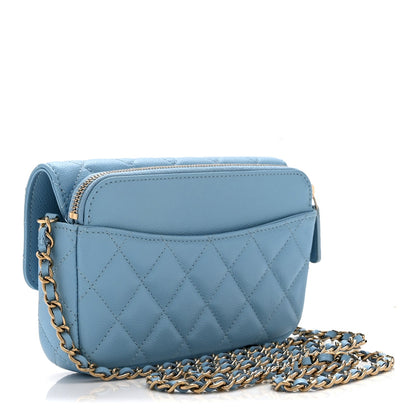 Quilted Caviar Flap Shoulder Bag - Light Blue