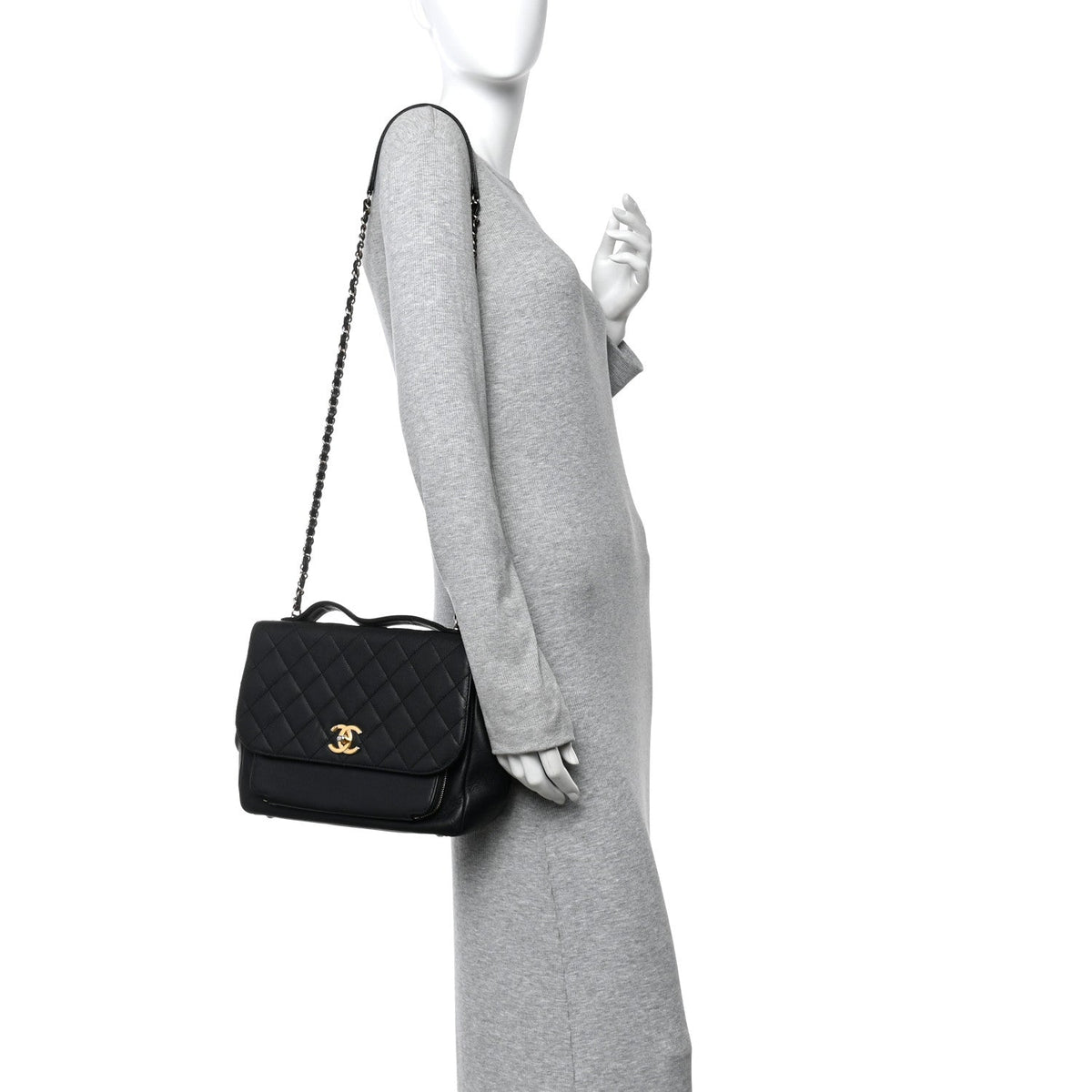Large Quilted Caviar Flap Shoulder Bag - Black