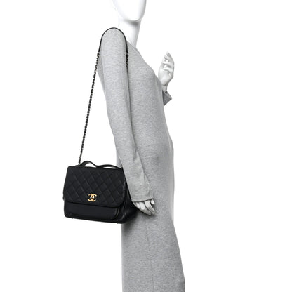 Large Quilted Caviar Flap Shoulder Bag - Black