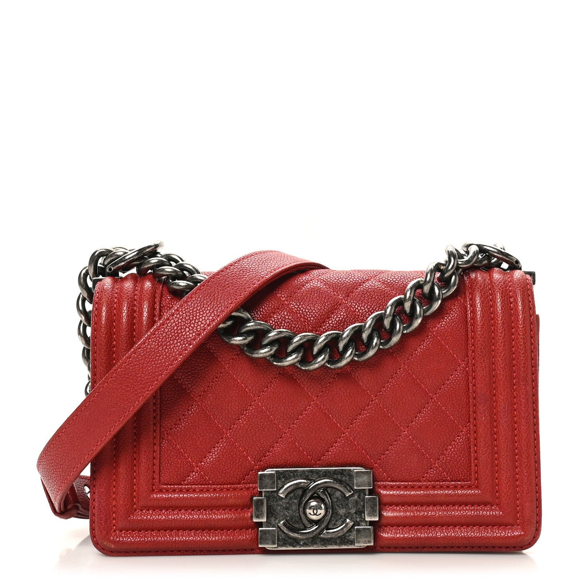 Small Quilted Caviar Flap Shoulder Bag - Red