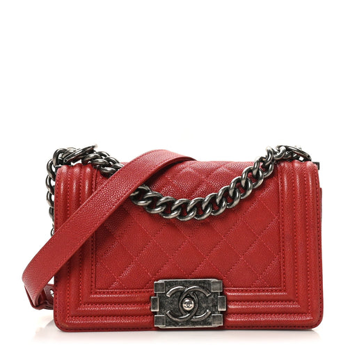 Small Quilted Caviar Flap Shoulder Bag - Red