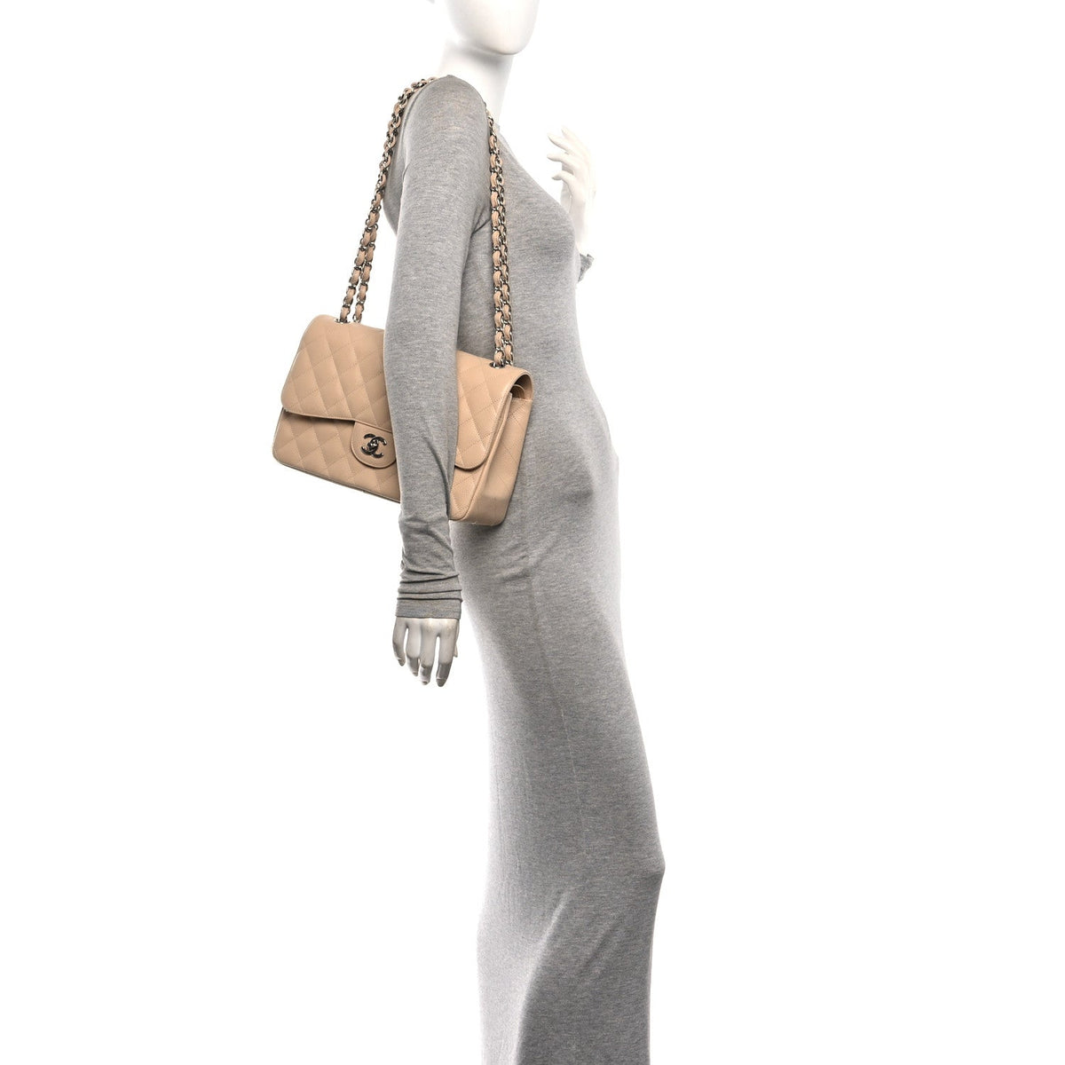 Quilted Caviar Flap Shoulder Bag - Beige