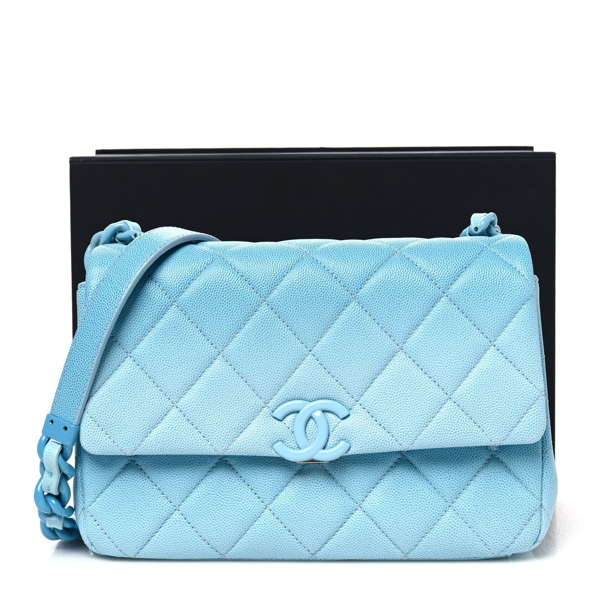 Quilted Caviar Flap Shoulder Bag - Light Blue