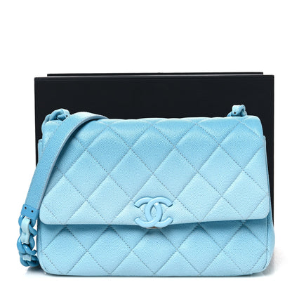 Quilted Caviar Flap Shoulder Bag - Light Blue