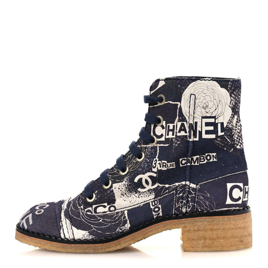 Suede Calfskin Printed CC Rue Cambon Lace Up Combat Boots White Navy