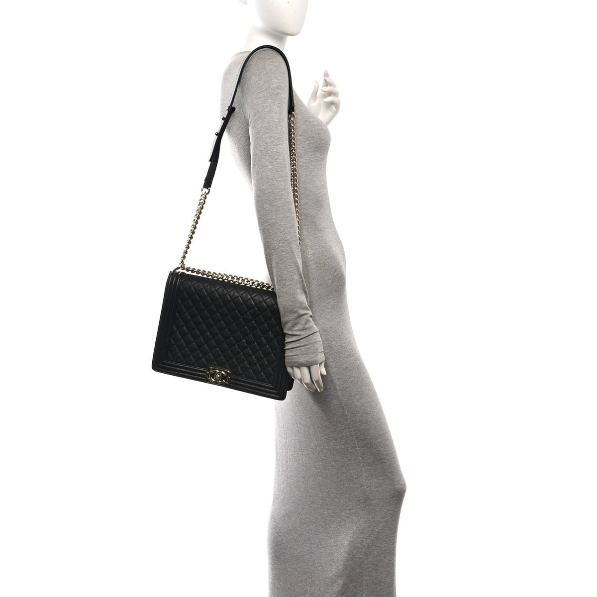 Large Quilted Caviar Flap Shoulder Bag - Black
