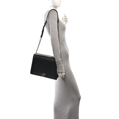 Large Quilted Caviar Flap Shoulder Bag - Black