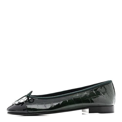 Crocodile Embossed Patent Calfskin Cap Toe CC Ballerina Flats Dark Gre