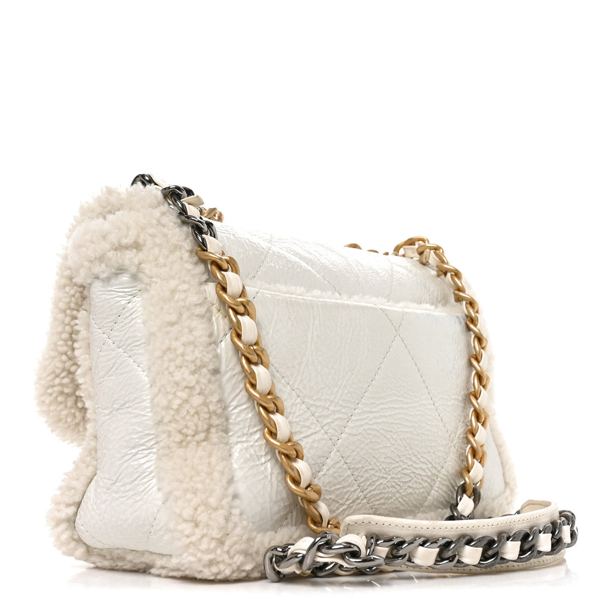 Medium Calfskin Shearling Flap Shoulder Bag - White