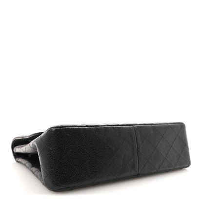 Quilted Caviar Flap Shoulder Bag - Black