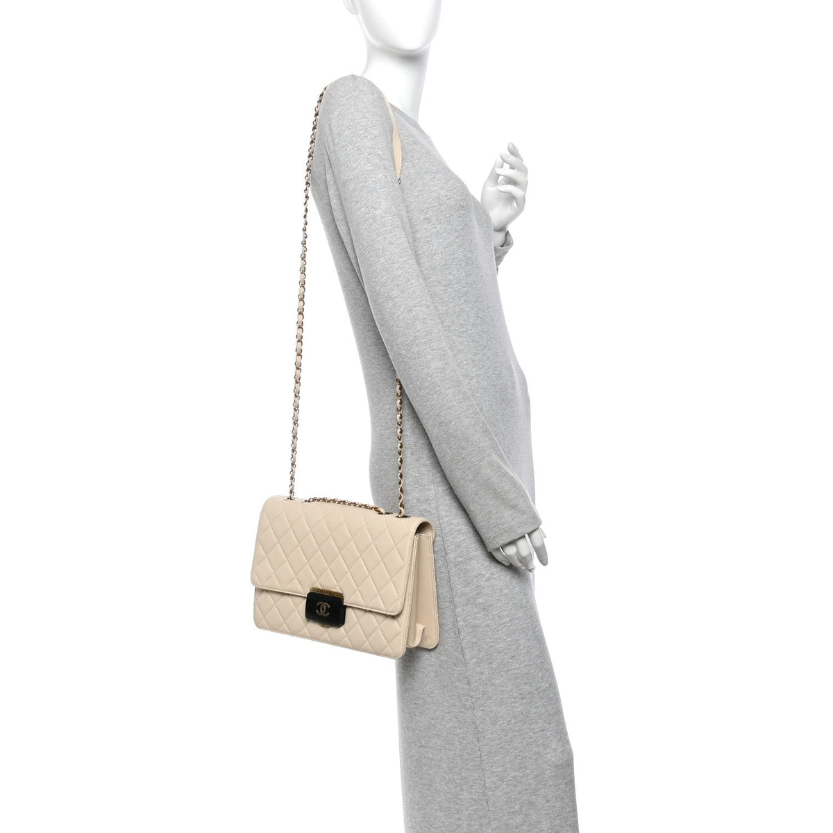 Large Quilted Sheepskin Flap Shoulder Bag - Beige