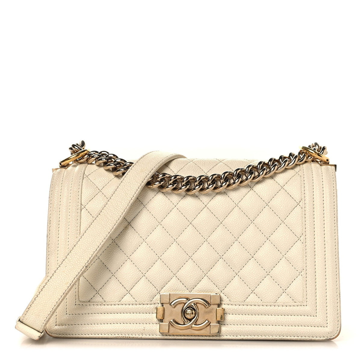 Medium Quilted Caviar Flap Shoulder Bag - White
