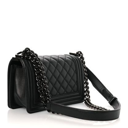 Small Quilted Caviar Flap Shoulder Bag - Black