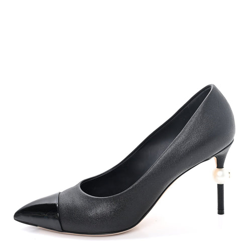 Goatskin Patent Calfskin Cap Toe CC Pearl Pumps Black