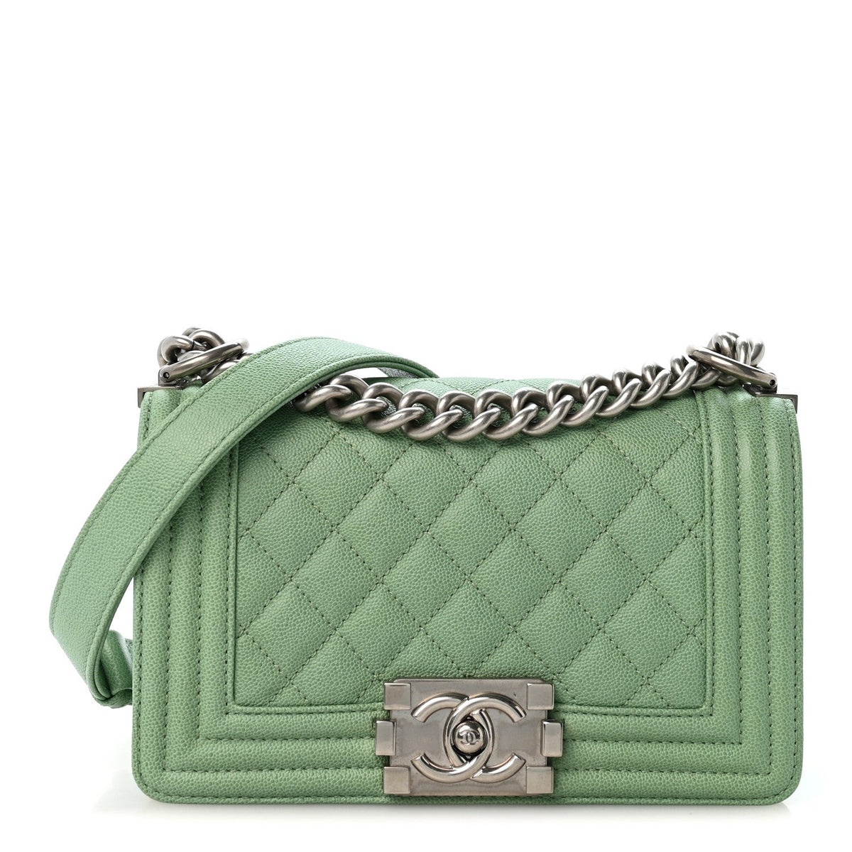 Small Quilted Caviar Flap Shoulder Bag - Green