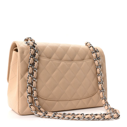 Quilted Caviar Flap Shoulder Bag - Beige