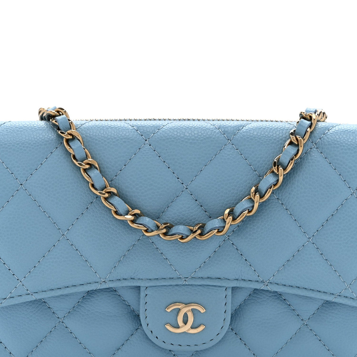 Quilted Caviar Flap Shoulder Bag - Light Blue