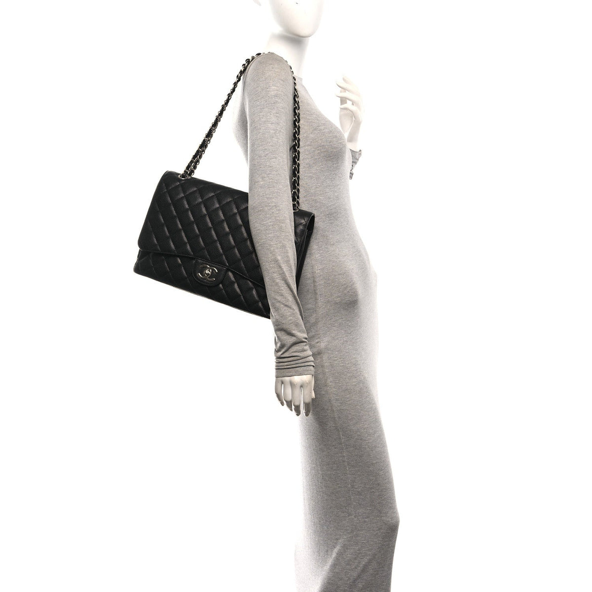 Maxi Quilted Caviar Flap Shoulder Bag - Black