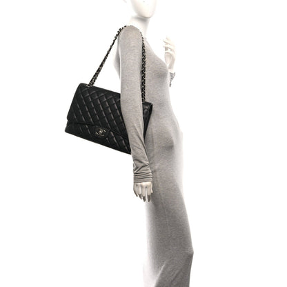 Maxi Quilted Caviar Flap Shoulder Bag - Black