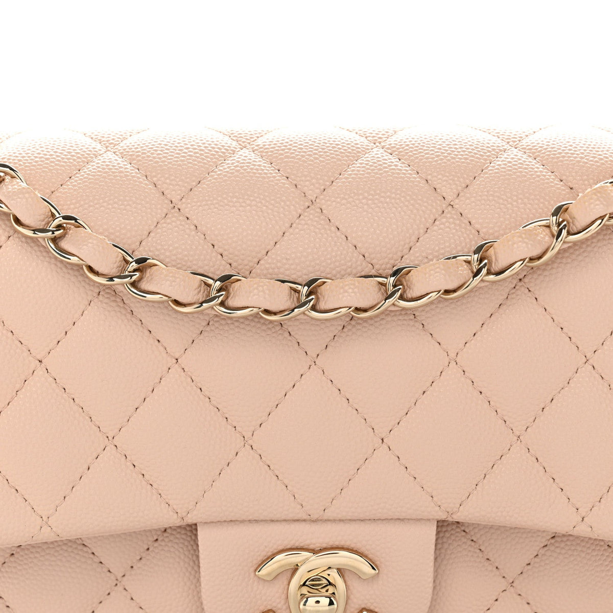 Medium Quilted Caviar Flap Shoulder Bag - Beige
