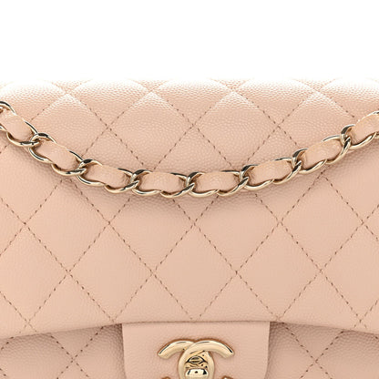 Medium Quilted Caviar Flap Shoulder Bag - Beige