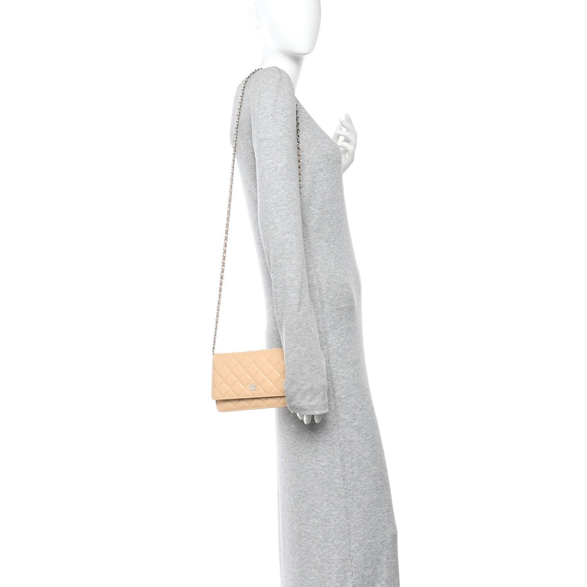 Quilted Caviar Wallet Bag - Beige